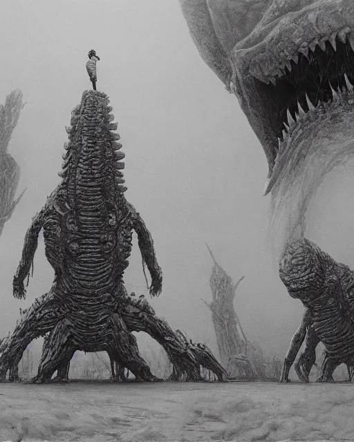 Image similar to group of scientists around giant dead kaiju, retrofuturism sci - fi old movie, highly detailed, photorealistic, 8 k, by beksinski and stalenhag