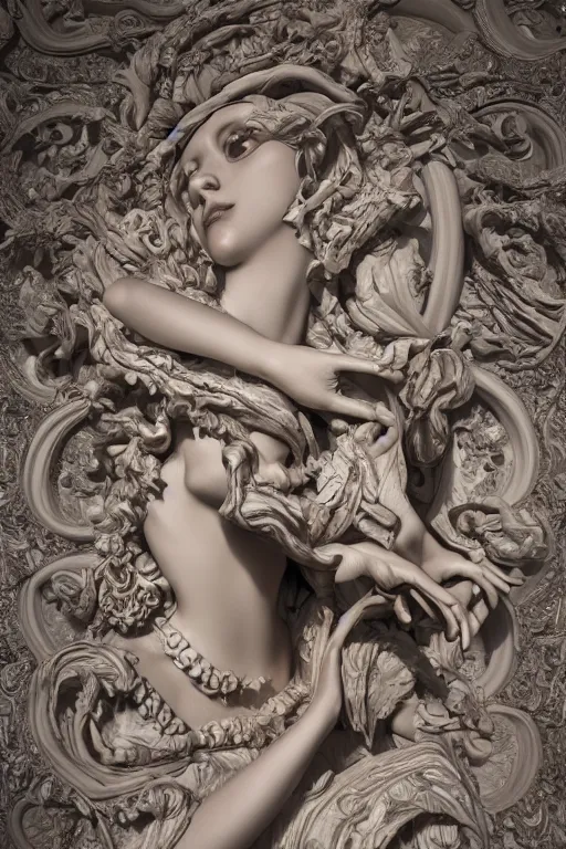 Image similar to elegance, surrealism, sculpture, baroque element. intricate artwork by caravaggio. trending on artstation, baroque elements, octane render, cinematic lighting, hyper realism,