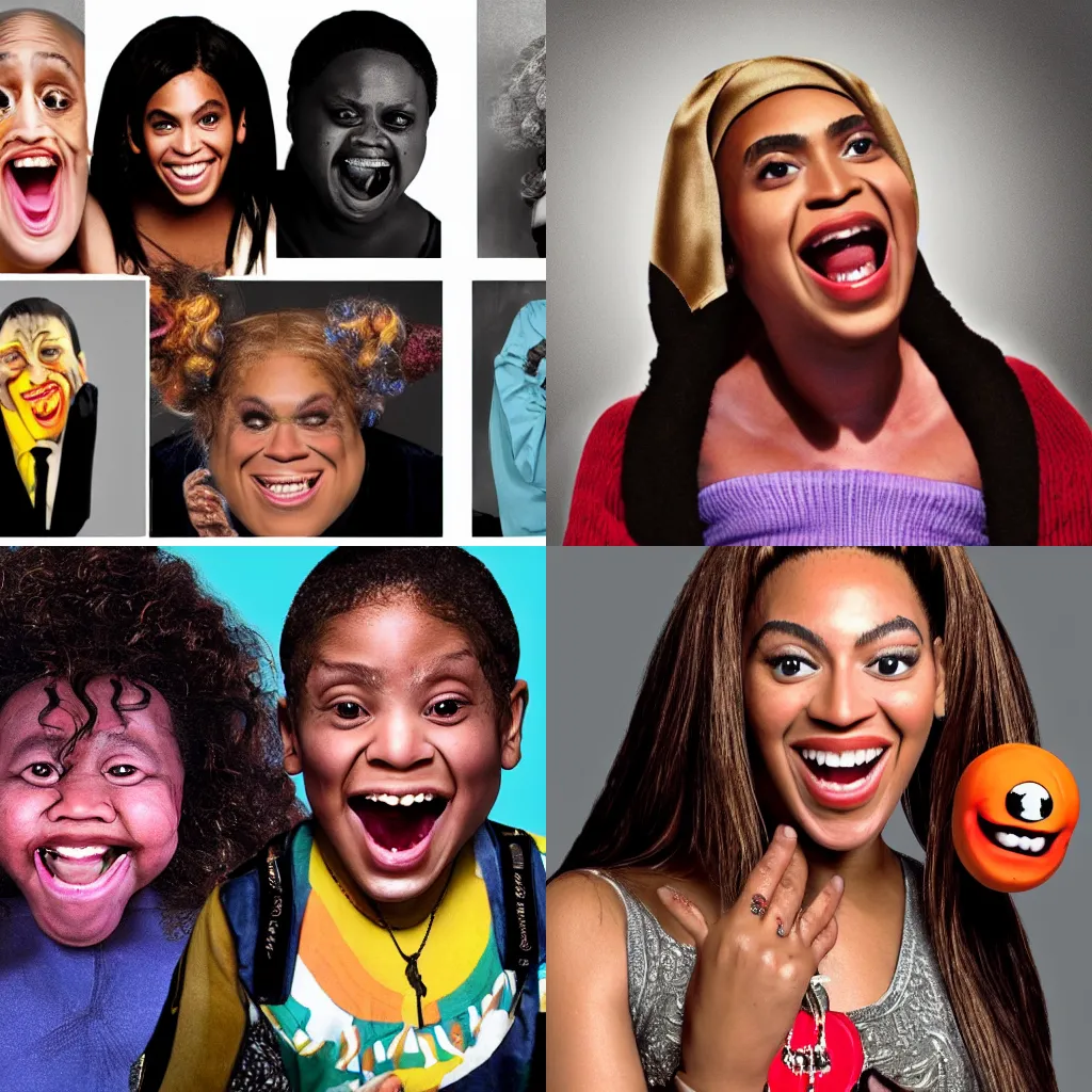 Prompt: A portrait of special needs Beyoncé. Massive grin. Mad TV. cursed and haunted.