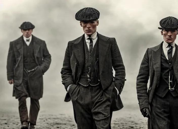 Image similar to a scene from peaky blinders, medium long shot, 3 / 4 shot, full body picture of cillian murphy and tom hardy, sharp eyes, serious expressions, detailed and symmetric faces, black and white, epic,