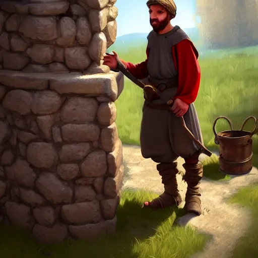 Image similar to medieval peasant boy talking to blacksmith, artstation, fantasy