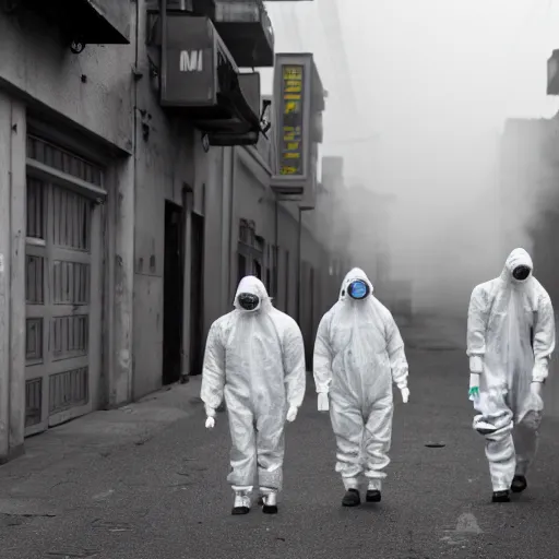 Prompt: a family wearing a hazmat suits on a post-war era street, walking away from the camera, dark smoke in the background, filthy streets, broken cars. Vines growing. Jpeg artifacts. Award-winning photo. Full-color photo. Samyang/Rokinon Xeen 50mm T1.5