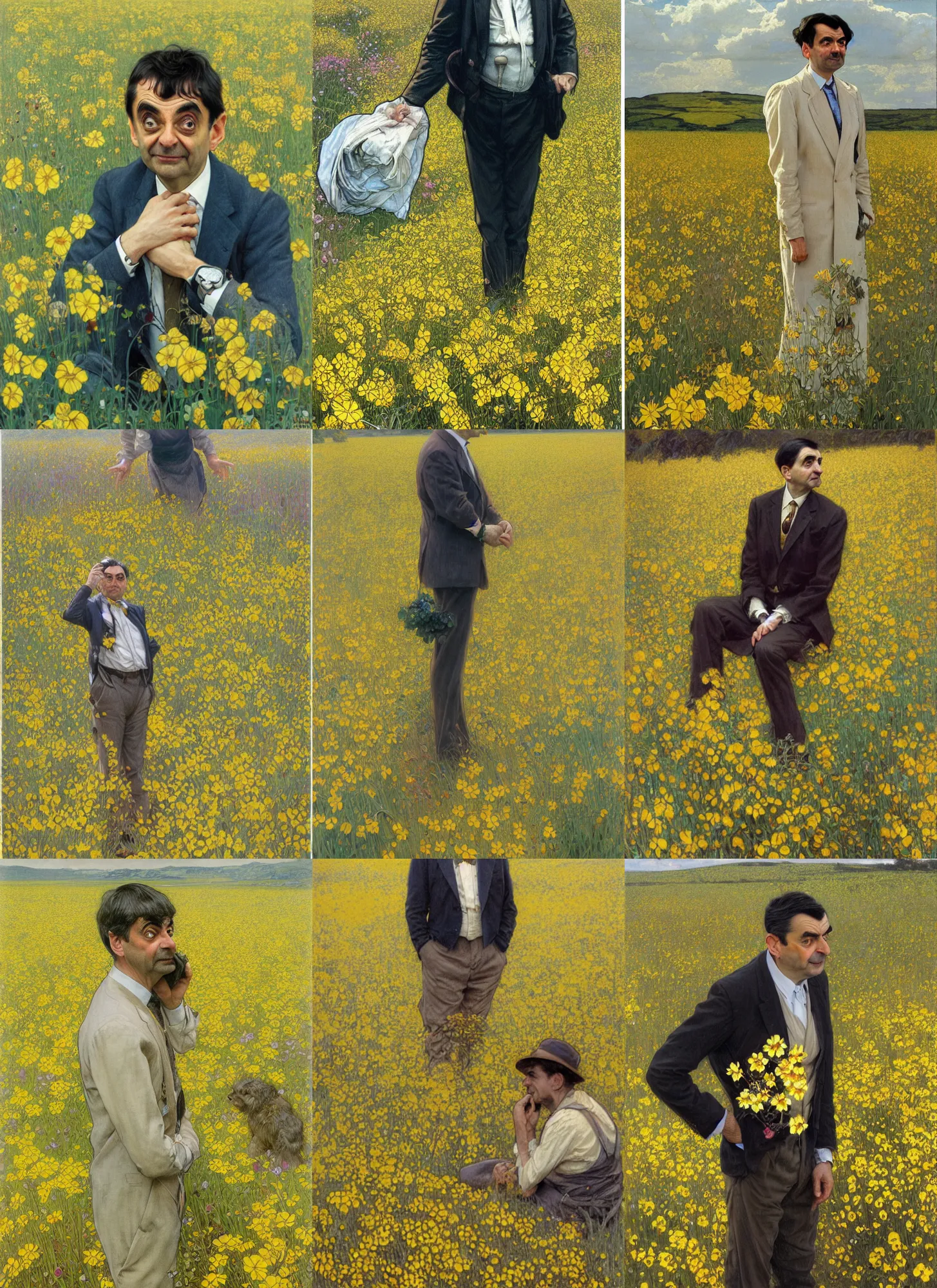 Prompt: Mr. Bean waiting impatiently looking at his watch in a field of yellow flowers, Artgerm, Donato Giancola, Alphonse Mucha, WLOP