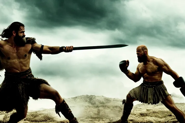 Image similar to cinematic action shot of joe biden as leonidas fighting in 3 0 0 movie, 8 k, epic moody sky, dramatic lighting