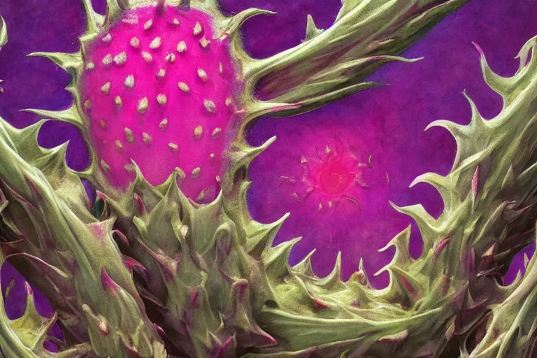 Image similar to dragonfruit wizard, painted by wendy froud and wayne douglas barlowe, trending on artstation, bright closeup view movie poster, mandelbulb 3 d, fresco, watercolor painting, daguerreotype