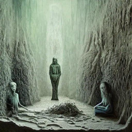 Image similar to painting of a creepy family wearing long robes, intercrossed humans, mixed animal, in a crystal cave, by giger, zdzislaw beksinski, thierry bosch, cold hue's, amazing background, digital art, concept art, animal painting, beautiful composition 3 - d 4 k,