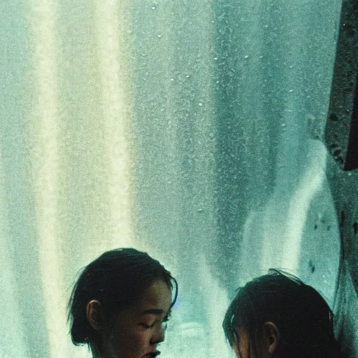 Image similar to cinestill candid photographic portrait by stanley kubrick of two female androids sobbing wearing rugged black mesh techwear in treacherous waters, flooded city, medium closeup, retrofuturism cyberpunk moody emotional cinematic, pouring iridescent rain bright spotlight helicopter, 8 k, hd, high resolution, 3 5 mm, f / 3 2, ultra realistic faces