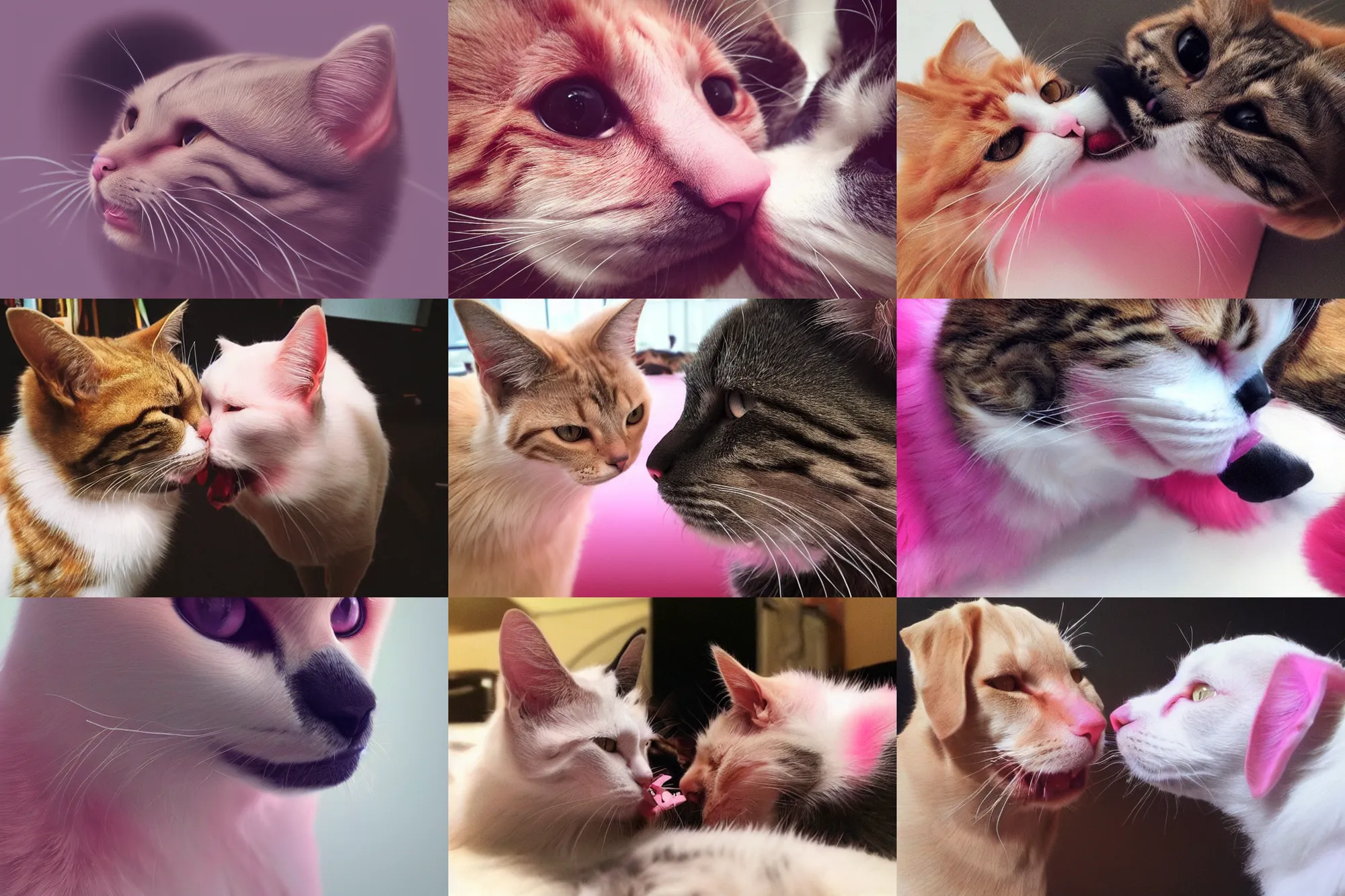 Prompt: one cat, one dog, cat and dog licking each other, cute, trending on Artstation, long tongue, (pink colors), trending on Twitter, trending on Instagram, very beautiful fur, perfect animal, photorealistic, close-up, 35mm