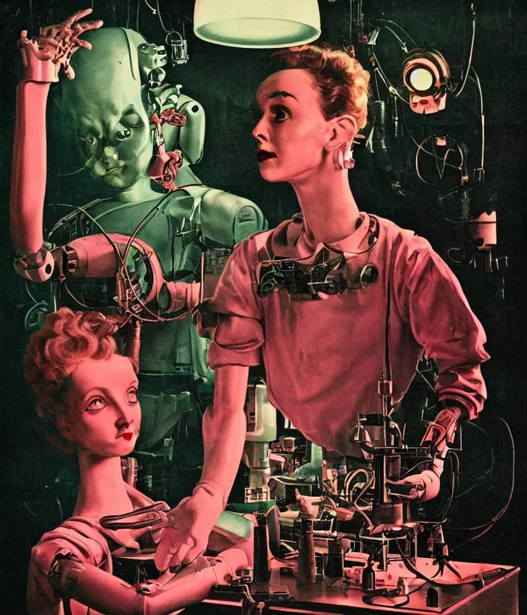 Prompt: a female mad scientist assembling a humanoid male robot, a darkly lit laboratory room, 1 9 5 0 s horror movie poster style, norman rockwell painting, really close - up shot, retro science fiction, vintage, saturated pink and green lighting, shadowy lighting, cohesive!