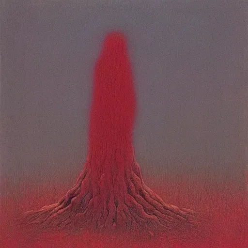 Image similar to “ tall figure in the woods, beksinski, dark, scary, red ”