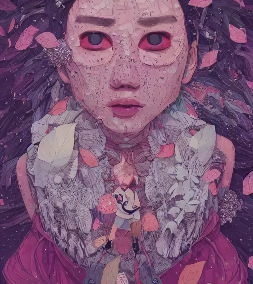 Prompt: portrait, nightmare anomalies, leaves with crystals by miyazaki, violet and pink and white palette, illustration, kenneth blom, mental alchemy, james jean, pablo amaringo, naudline pierre, contemporary art, hyper detailed