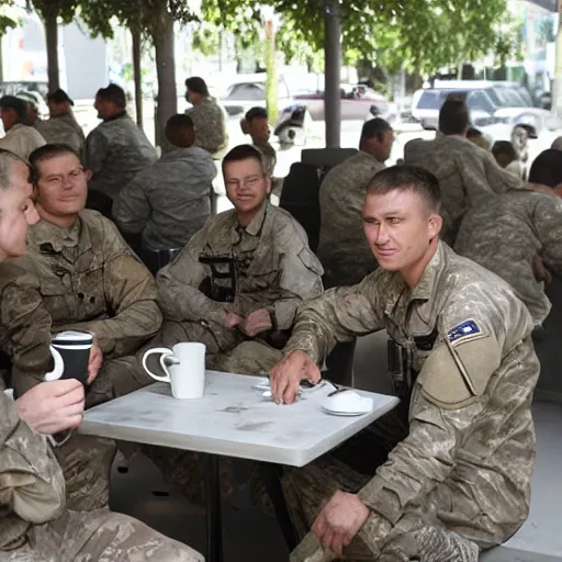 Image similar to a group of special forces soldiers sitting at the cafe and drinking coffee
