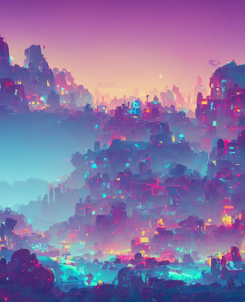 Image similar to detailed concept art of a DMT city in a fantastic landscape against a colorful sky by Anton Fadeev and Simon Stålenhag