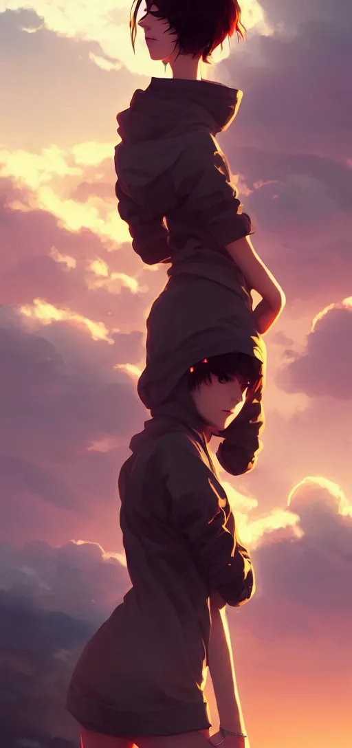 Image similar to a beautiful british woman with short brown hair, gentle, somber amber eyes, standing on a rooftop, storm in the distance, oversized hoodie that goes down to the knees, digital art by makoto shinkai ilya kuvshinov and wojtek fus, digital art, concept art,