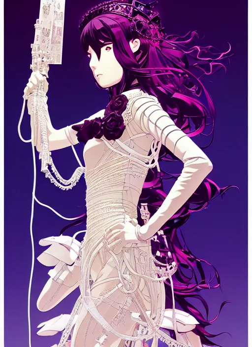 Prompt: tomer hanuka highly detailed terada katsuya artstation minaba hideo fantastic fate shigenori soejima manga poster of princess mechine, long hair, armor, dress, laces, ruffles, 8 k, fluorescent, maximalist, jump comics, art nouveau