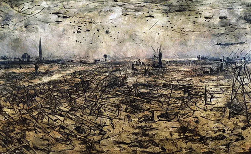 Image similar to painting by anslem kiefer of a battlefield