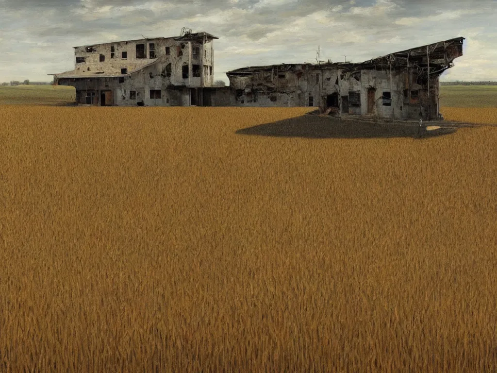 Image similar to A fantastic painting of a dilapidated post-modern building on a wheat field with an abandoned spaceship parked on the roof of the building, by Mat Collishaw, Trending on artstation, very detailed