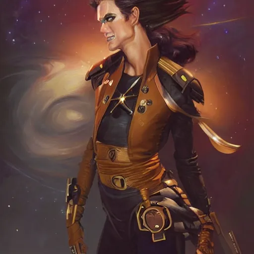 Image similar to Portrait of a stylish androgynous pirate space captain, dark hair, golden eyes, delicate features, teasing smile, artstation, graphic novel, art by stanley artgerm and greg rutkowski and peter mohrbacher,