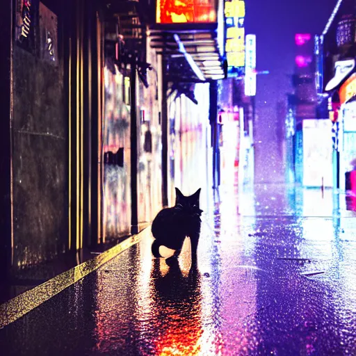 Image similar to a rainy cyuberpunk neo tokyo alley with a black cat sleeping on the wet floor, photo, 4 k