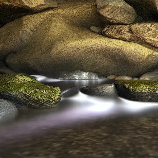 Image similar to a beautiful landscape, river, rocks, trees, volumetric lighting, octane render