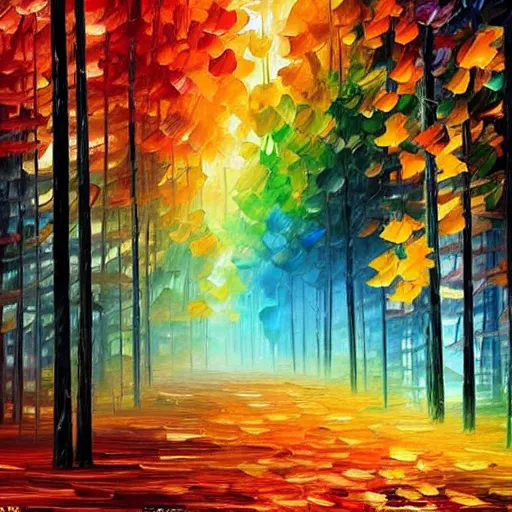 Image similar to beautiful forest in the style of leonid afremov