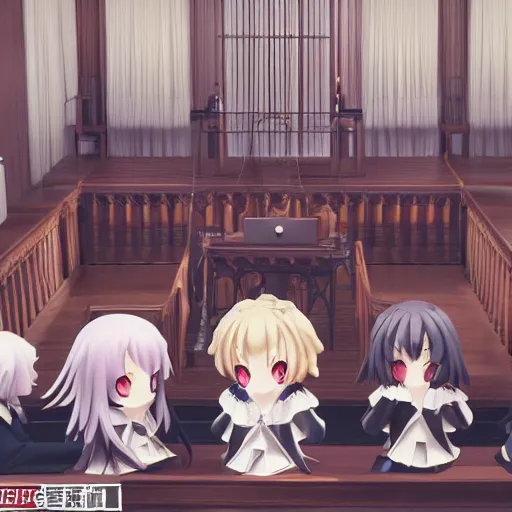 Prompt: the council of fumo plush convenes to judge your sins, lit from below, dramatic courtroom image, anime girls, vray