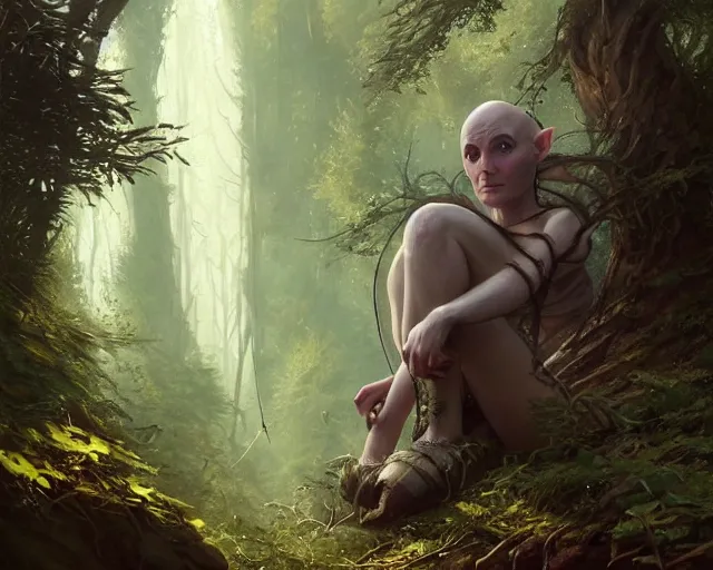 Image similar to highly detailed portrait of eva green as a bald elf in a forest, in gta v, stephen bliss, unreal engine, fantasy art by greg rutkowski, loish, rhads, ferdinand knab, makoto shinkai and lois van baarle, ilya kuvshinov, rossdraws, tom bagshaw, global illumination, radiant light, detailed and intricate environment