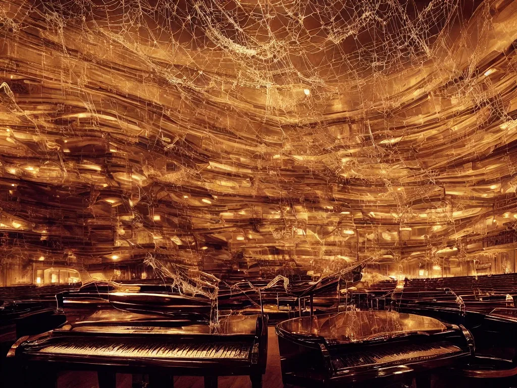 Image similar to “ grand piano encased in spiderwebs that stretch up to the ceiling in an opulent empty concert hall, photorealism, cinematic lighting, dramatic, melancholy, atmospheric ”