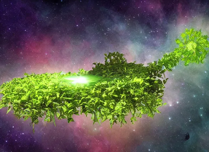 Image similar to an alien spacecraft made of plants, floating in a cosmic nebula