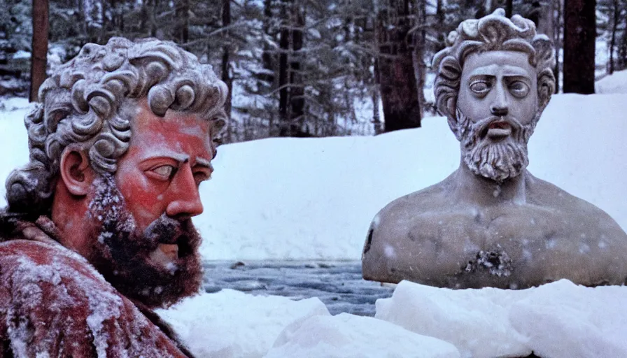 Image similar to 1 9 6 0 s movie still close up of marcus aurelius in toga frozen to death under the snow by the side of a river with gravel, pine forests, cinestill 8 0 0 t 3 5 mm, high quality, heavy grain, high detail, texture, dramatic light, anamorphic, hyperrealistic, detailed hair, foggy