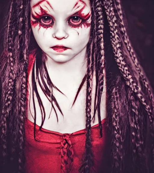 Prompt: a beautiful marmoset toolbag render of a daughter of the night with red eyes and long, black, braided hair. nighttime, fullmoon, low light. strong keylight. vampiric, highly detailed, sharpness. victorian dress. canon eos ef 5 0 mm.