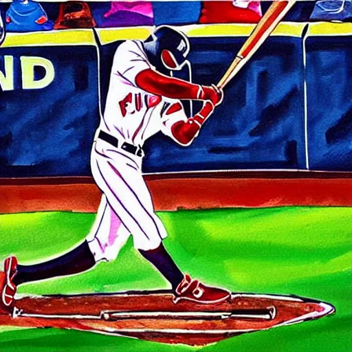Image similar to a beautiful painting of mookie bets, hitting home run, fire from bat,