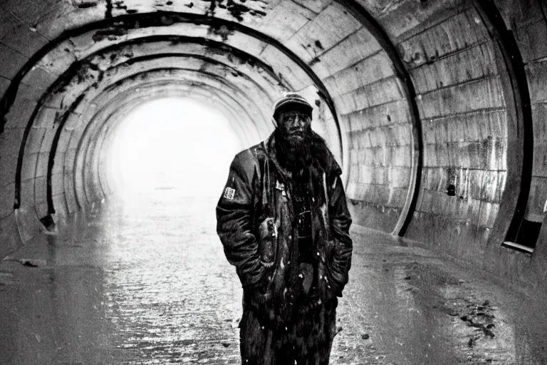 Prompt: a cinematic!! headshot photograph!! of a beautiful homeless war veteran, stood in a tunnel, rain, film still, cinematic, dramatic lighting, by bill henson