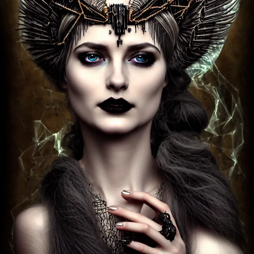 Image similar to mindblowing portrait of the enchantress queen, a stunning timeless beauty, breathtaking eyes, perfect skin, feathered eyelashes, royal gothic dress with a lot of leather, heavy silent hill aesthetic, incredibly intricate, digital art, blender, houdini & photoshop, very elegant & complex, hyper-maximalist, overdetailed, epic cinematic quality, biblical art lighting, photorealistic, lifelike, OLED, DSLR HDR 8k, face is the focus, facial feature symmetry, hyper composed, created by Nixeu & z--ed from deviantart