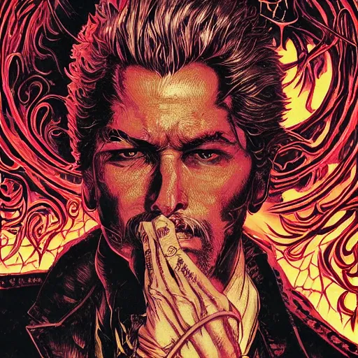 Image similar to portrait of john constantine in hell, symmetrical, by yoichi hatakenaka, masamune shirow, josan gonzales and dan mumford, ayami kojima, takato yamamoto, barclay shaw, karol bak, yukito kishiro