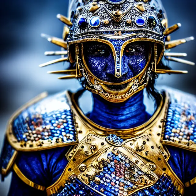 Image similar to photo of a beautiful warrior with sapphire encrusted armour highly detailed 8 k hdr smooth sharp focus high resolution award - winning photo dslr 5 0 mm