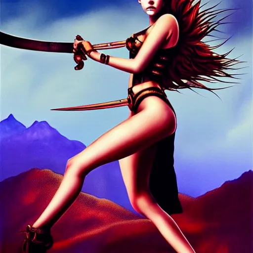 Image similar to barbara palvin posing as an amazon holding a sword, volcanic background, 1 9 8 0's art, retro art, airbrush style, intricate, elegant, sharp focus, illustration, highly detailed, concept art, matte, sharp focus, art by peter palombi