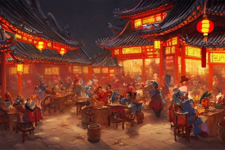 Image similar to fantasy art of a bustling tavern in china, at night, by jesper ejsing, highly detailed digital art, trending on artstation