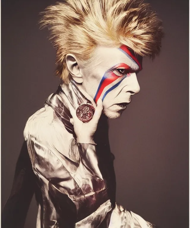 Image similar to a color photograph of david bowie, by thomas ruff, platinum blond, intense, bold, exaggerated, overblown, ultra sharp, extra details, ultra high quality, trending on pinteresst