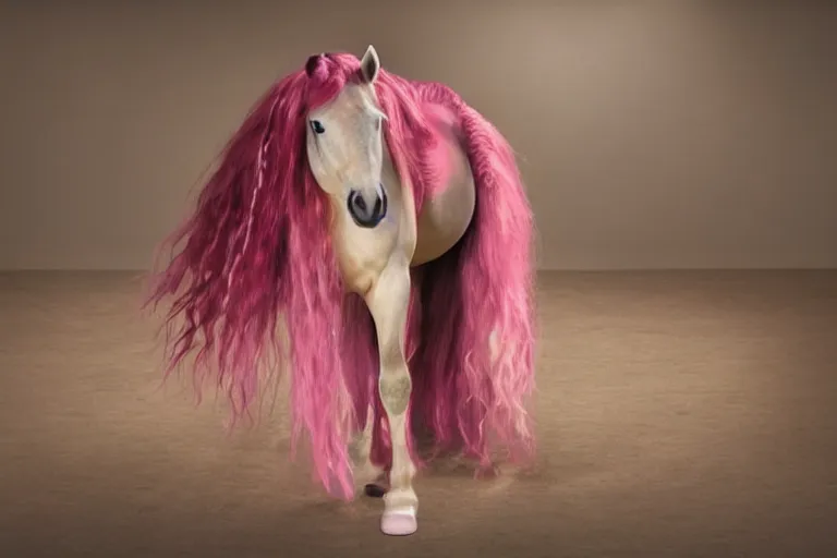 Image similar to Pinkie Pie equine sitting down, view from behind, pony facing away, professional animal photography and mood lighting, equine photo, flowing mane and tail, relaxed expression