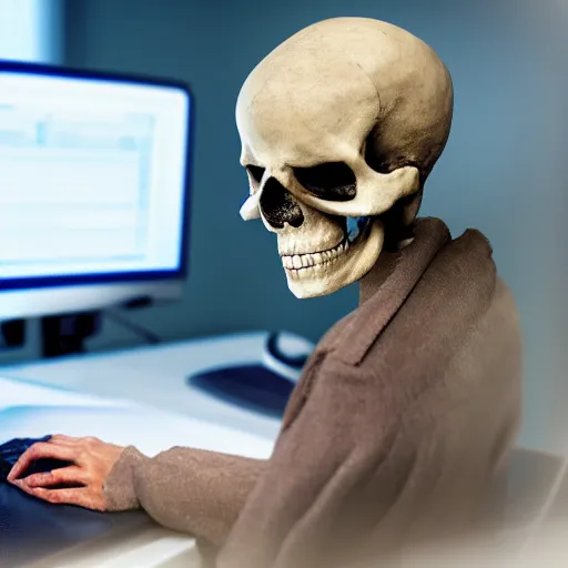 Prompt: a aged skelet sitting behind a computer desk waiting for 1 0 0 0 years staring at the screen