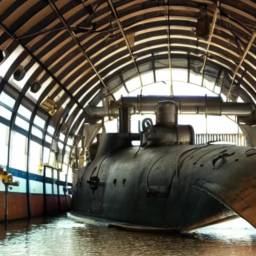 Prompt: Colour photo of steampunk submarine at dry dock