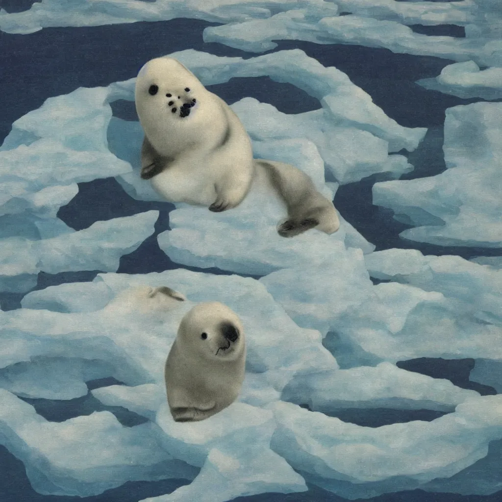 Image similar to a baby harp seal, painting by rene magritte, glaciers and ice and snow