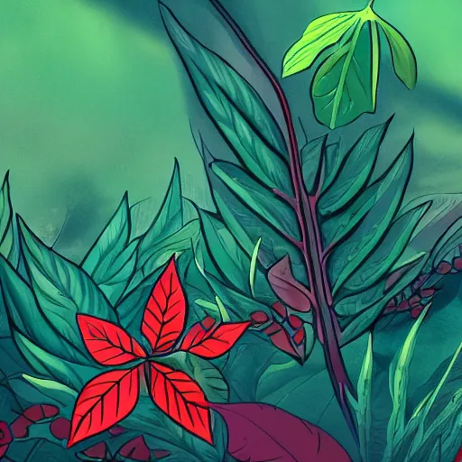 Image similar to fireleaf is an illegal drug in all kingdoms. it comes from the fireleaf plant and looks like red leaves. 8 k fantasy art illustration