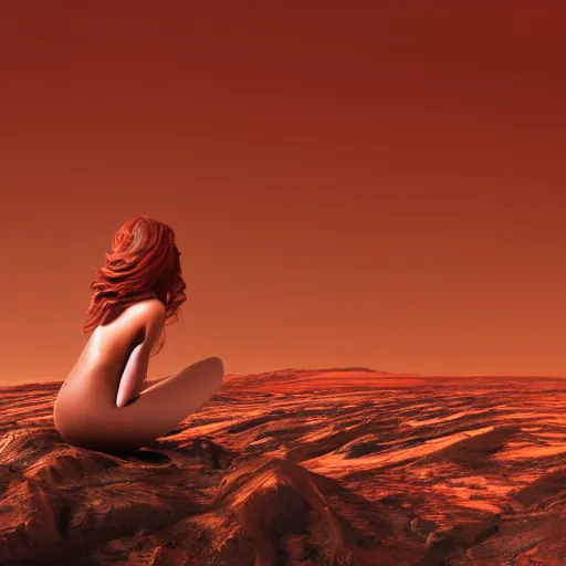 Image similar to Still of a Martian woman with gorgeous flowing hair on Mars, sitting on a Martian rock, reddish atmosphere with detailed highlights, dark gloomy sky cascading upon the atmosphere, well-detailed ornate Martian mountains in the background, trending on artstation, 4k, 8k