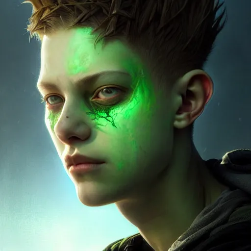 Image similar to portrait painting of a post - apocalyptic bald androgynous teenager with white eyes and a green aura around his head, ultra realistic, concept art, intricate details, eerie, highly detailed, photorealistic, octane render, 8 k, unreal engine. art by artgerm and greg rutkowski and charlie bowater and magali villeneuve and alphonse mucha