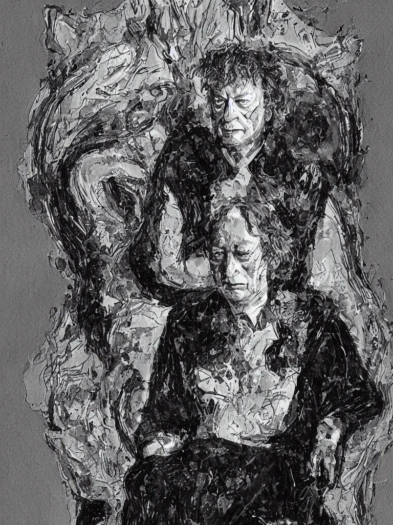 Image similar to portrait of king neil gaiman on his throne, in the style of mike dringenberg and dave mckean