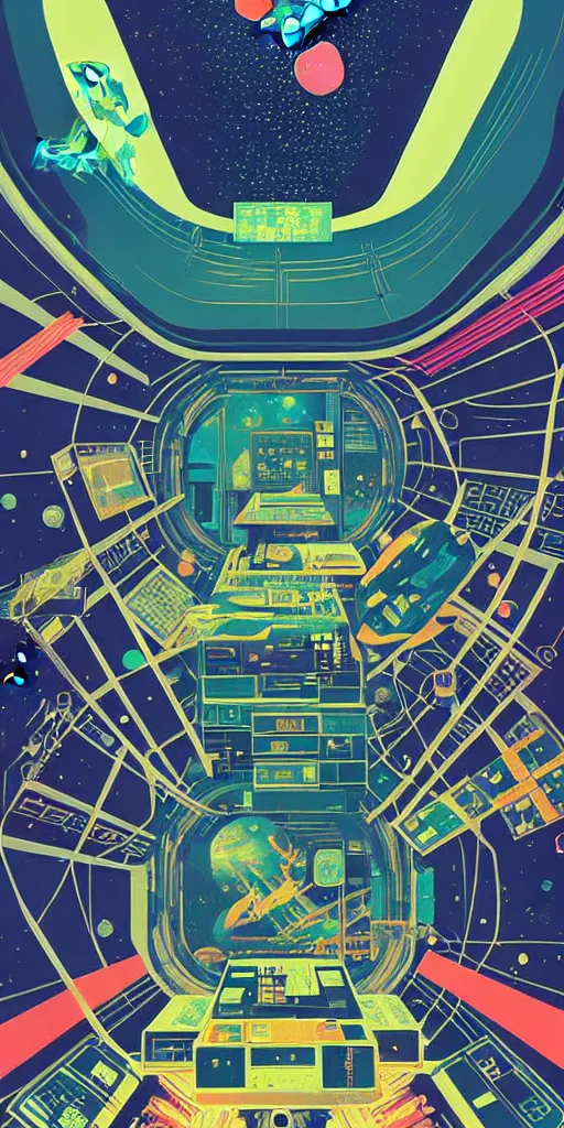 Image similar to the interior of an international space station filled with electronic equipment, ancient futuristic japanese temple, poster art by victo ngai, ori toor, kilian eng behance contest winner, crystal cubism, poster art, cubism, tarot card, psychedelic art, concert poster, poster art, maximalist