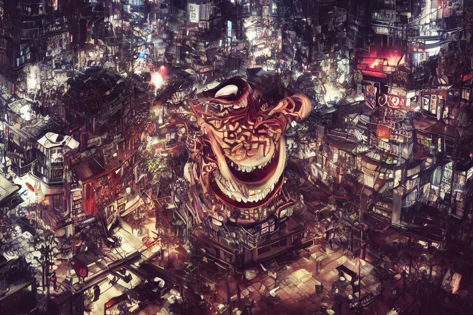 Prompt: Yoshiki Takaya Creatures Battle Junji Ito Demons In Neo Tokyo Year 4000, beautiful aesthetic, photorealistic, volumetric lighting, hyperrealistic, octane render, HDR, photorealistic, bokeh