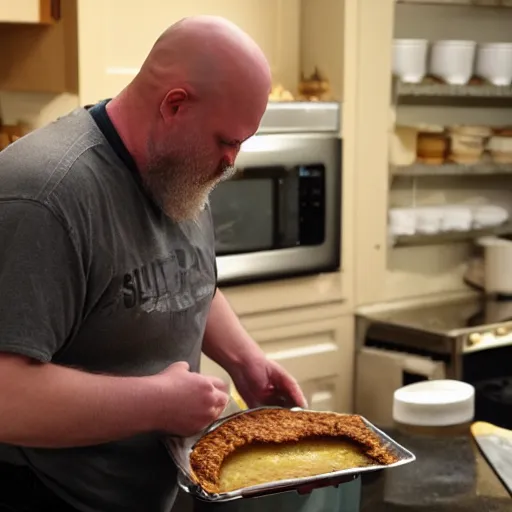 Prompt: ethan van sciver with a bald head and grey trimmed beard is sniffing a warm baked pie in his kitchen in the middle of the night h 7 0 4